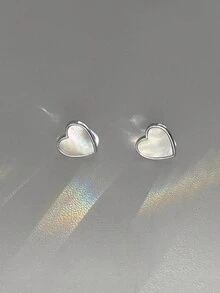 一對純銀 S925 銀復古簡約優雅奢華可愛白貝殼愛心耳環女式女孩時尚時尚耳圈日常生活派對珠寶禮物