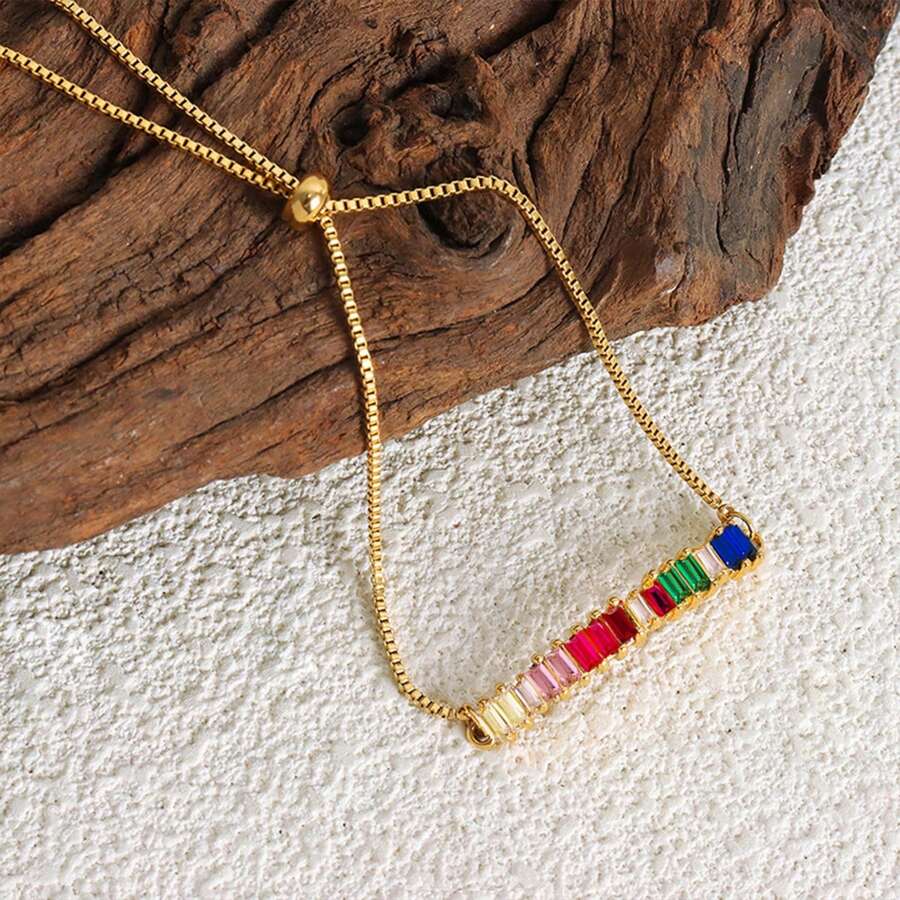 1pc Fashionable Rainbow Colored Rectangular Cubic Zirconia Decor Adjustable Ankle Chains Suitable For Women's For Beach Party Gifts - Yellow Gold - View 1