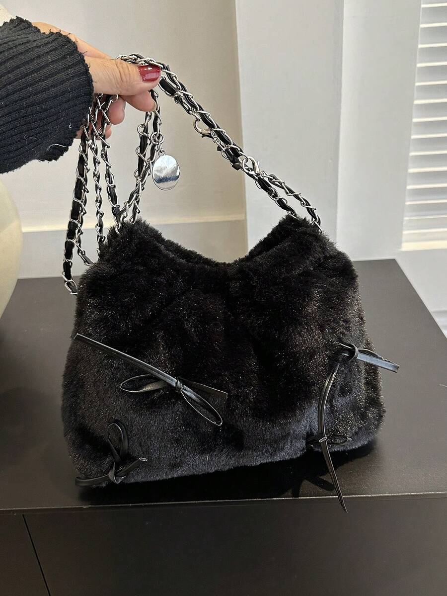 1个纯色蝴蝶结装饰PU皮革女士单肩包，时尚敞口手提包，带链条和褶皱设计，适合女性、女孩、学生、旅行、聚会、日常使用 - 黑色 - 查看 1