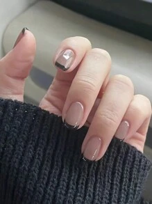 法式風格日系款中性假指甲，杏仁形壓克力假指甲，額外超短款假指甲，美甲用品假指甲藝術短指甲凝膠貼紙美甲套裝，適用於送禮物提供男女童裝扮配件，附1個迷你指甲銼和1張膠貼片 - 彩色 - 查看 1