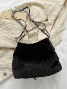1个纯色蝴蝶结装饰PU皮革女士单肩包，时尚敞口手提包，带链条和褶皱设计，适合女性、女孩、学生、旅行、聚会、日常使用 - 黑色 - 查看 3