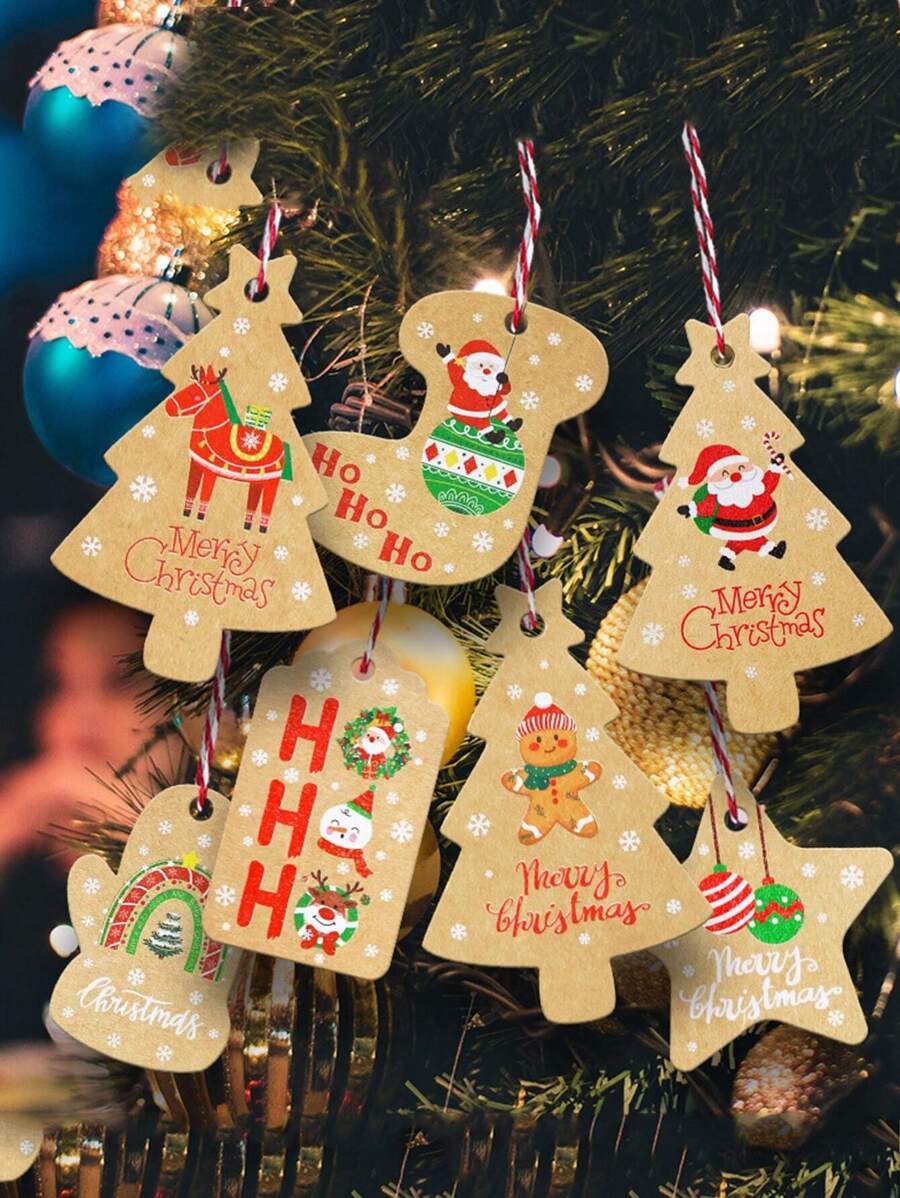 50入組混搭設計卡通復古聖誕禮物標籤,聖誕樹裝飾,烘焙和謝謝標籤 - 彩色 - 查看 1