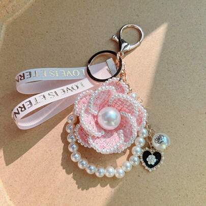 1 Piece Of Pink Three-Dimensional Flower Design Simple And Fashionable Keychain Pearl Chain Car Keychain Pendant Personalized Handbag Pendant Suitable For Girls As Small Gifts Valentines Car Accessories Women Key Chain Charms Crochet