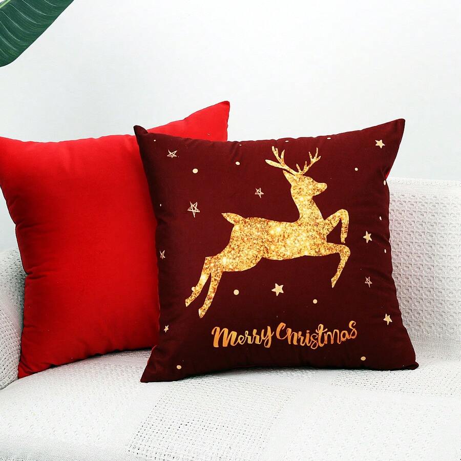 1pc Christmas Deer Pattern Printed Velvet Pillowcase Without Pillow Inner, For Sofa Decoration, 45*45cm - Gold - View 1