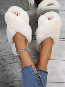 Pantuflas de Peluche Calientitas de Tiras Cruzadas Para Mujer - Blanco - Ver 1