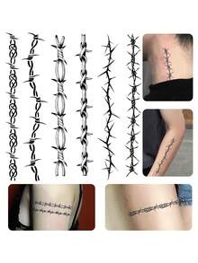 3入組暗黑色荊棘圖案防水耐久男女臂部、頸部和腰部暫時紋身貼紙 - 黑色 - 查看 4