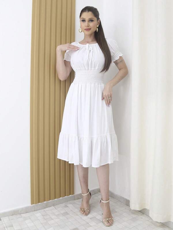 Vestido Mídi  Festa Com Elástico Na Cintura Com Babado