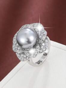 1pc Fresh Flower Design Copper Ring With And Pearl, Adjustable - Silver - View 2