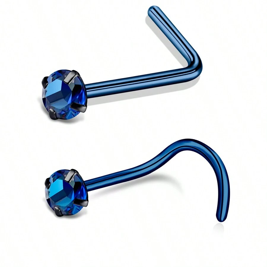 2入組/套不鏽鋼l形和s形2.5mm黑色/藍色圓形立方氧化鋯女性鼻針和戒指套裝 - 藍色 - 查看 1