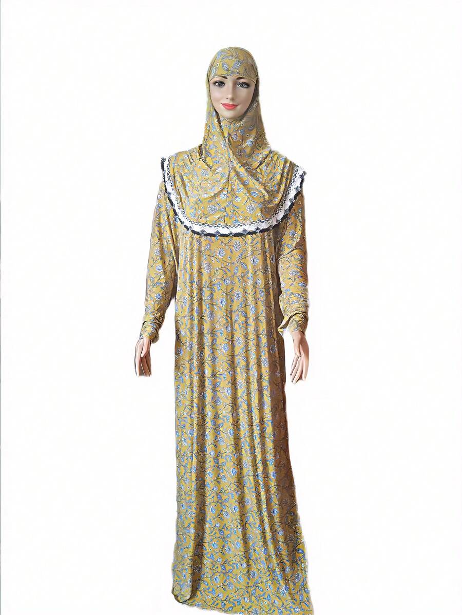 1 件女式連身裙,帶有運動袖、蕾絲邊框和及地頭巾,通用尺寸 3xl