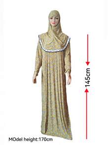 1 件女式連身裙,帶有運動袖、蕾絲邊框和及地頭巾,通用尺寸 3xl