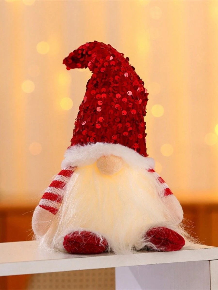 30cm Santa Claus Plush Doll With Red Hat Rudolph Reindeer Stuffed Doll With Led Warm Light For Tabletop Display - Red - View 1