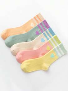 5 Pairs Girls" Colorful Striped Socks With Lovely Heart Pattern; Warm, Versatile And Perfect For Daily Wear And Casual Sports - Multicolor - View 1