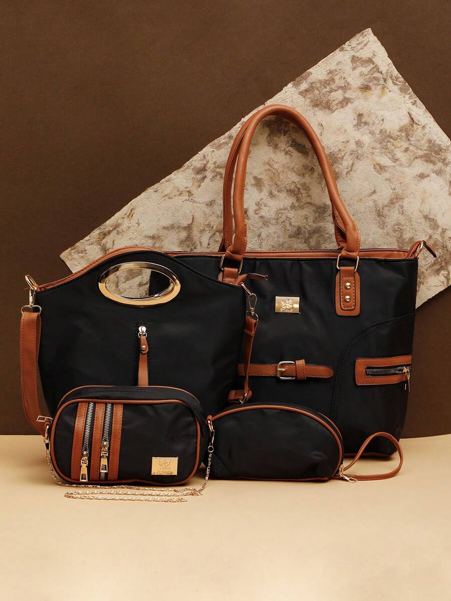 Conjunto de Bolsas de Mujer 4 Piezas: Bolsa de Mano, Bolsa Cruzada, Tote y Cartera, Detalles en Color Dorado, Correa Ajustable, Colores Lisos, Estilo Casual o Juvenil y Tela Permiable - Negro - Ver 1