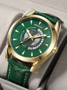 1pc Fashionable Casual Quartz Wristwatch, Waterproof Sports Watch With Timing & Luminous Function, Green For Men - Green - View 2