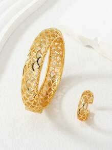 Saudi Arabian Copper Cloud Stacking Pattern Jewelry Set Including 1 Bangle & 1 Open Ring - Yellow Gold - View 1