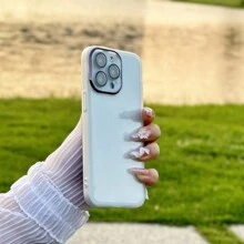 A White Simple Electroplated Lens Frame Fine Hole Frosted Solid Color Mobile Phone Case Compatible With IPhone And Samsung Mobile Phones