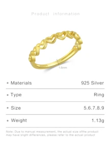 1入精美時尚925銀簡約心型戒指,女士生日/紀念日禮物