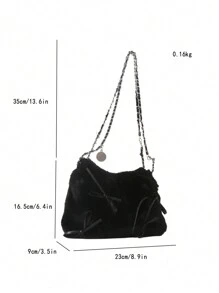 1个纯色蝴蝶结装饰PU皮革女士单肩包，时尚敞口手提包，带链条和褶皱设计，适合女性、女孩、学生、旅行、聚会、日常使用 - 黑色 - 查看 6