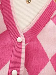 Young Girl 2pcs/Set Simple Chic Leisure Diamond Checks Cardigan And Skirt Suit For Autumn And Winter - Red - View 4