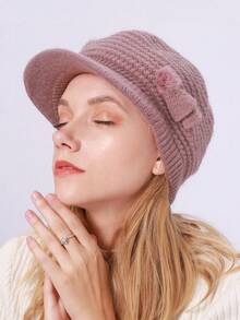 1 件纯色条纹休闲复古涤纶色织针织贝雷帽，保暖冬帽，带护耳功能，保暖内衬，秋冬