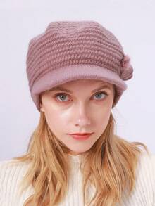 1 件纯色条纹休闲复古涤纶色织针织贝雷帽，保暖冬帽，带护耳功能，保暖内衬，秋冬