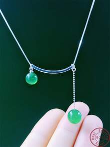 1入組s925純銀天然翡翠可調長度項鍊,適合日常穿著、派對、生日、旅行、約會和各種節日