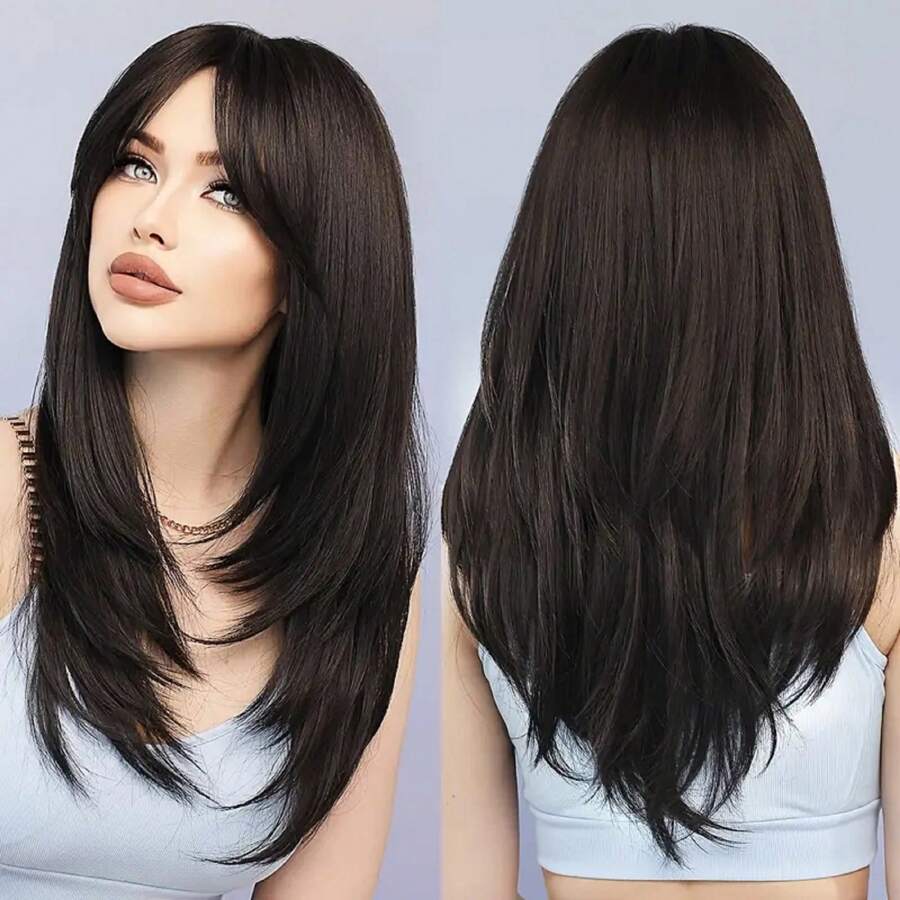 European And American Style Layered Long Straight Heat Resistant Hair Wig Head Cover In Black - Black - View 1