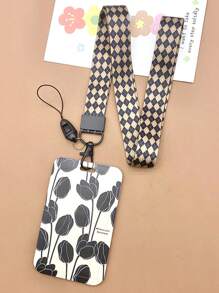 1pc Rose Card Holder For Student Id Or Bus Pass + Black/brown Rhombus Pattern Lanyard With Various Options - Multicolor - View 1