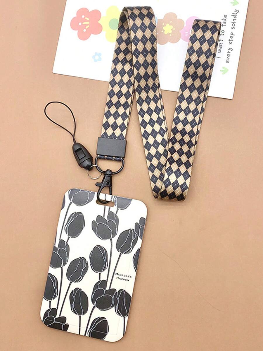 1pc Rose Card Holder For Student Id Or Bus Pass + Black/brown Rhombus Pattern Lanyard With Various Options - Multicolor - View 1
