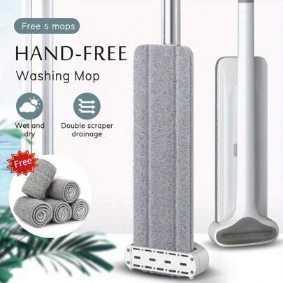 Floor Mop With 5pcs Mop Cloth Replacement, Automatic Dehydration Flat Mop, Home Cleaning Tool