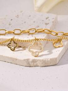 1pc Fashionable Double Layered Four-Leaf Clover Titanium Steel Bracelet For Women, Versatile Accessory