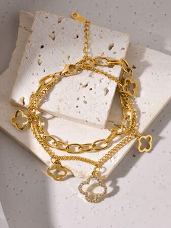 1 Pièce Bracelet À Double Couche De Trèfle À Quatre Feuilles En Acier De Titane Pour Femmes, Accessoire Polyvalent Et À La Mode