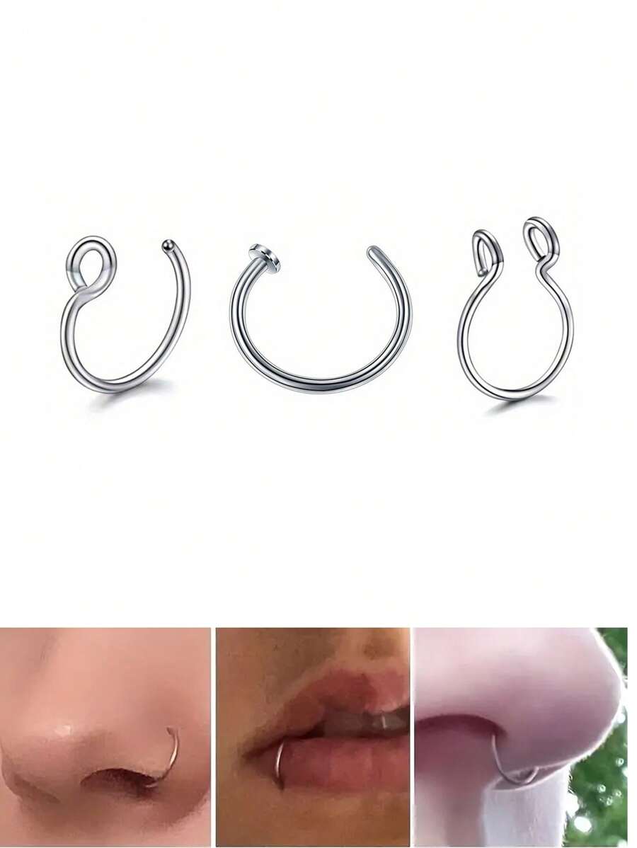 3pcs Fashion Fake Nose Rings,Women Stainless Steel Non Piercing Nose