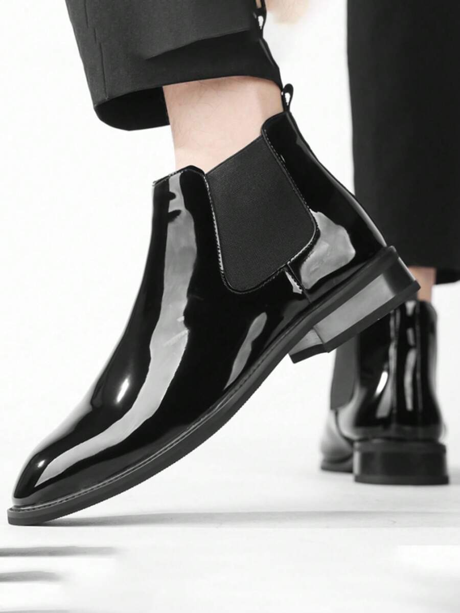 男士黑色pu皮革踝靴,彈性帶便攜式,時尚意大利風格,適合休閒和商務