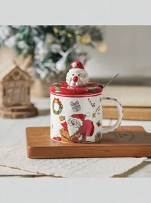 1pc 10oz Ceramic Santa Claus Mug With Lid And Spoon, Full Pattern Coffee Cup, Suitable For Drinking Water, Tea, Coffee, Christmas Gift - Red - View 1