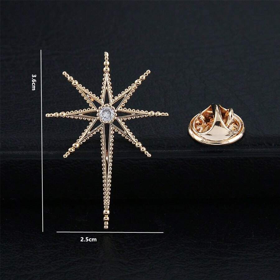 Broche Con Patrón De Estrella Cruzada Y Alfiler De Cuello Con Incrustaciones, Broche De Diamantes De Imitación Vintage Para Decoración De Traje De Boda - Dorado - Ver 1