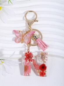 1 件字母 & 花朵 & 水晶 & 流苏 & 蝴蝶钥匙扣，时尚包包饰物，配有真正的干花和环氧树脂情人节情人节礼物纪念品汽车配件学校背包万圣节配饰教师节 - 彩色 - 查看 14