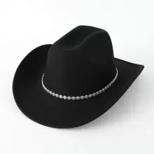 1 pieza Sombrero de vaquero negro para mujer con rhinestones y decoraciones de brillos ondulados para fiestas, viajes, festivales o equitación, apropiado para uso diario casual como sombrero de vaquero o de vaquera para Halloween - Negro - Ver 2