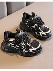 女童運動鞋2023年春秋新款童鞋男童,大童跑步鞋透氣網布厚底鞋 - 黑色 - 查看 4