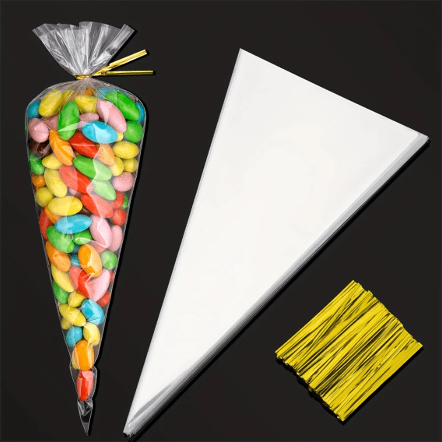 100 个三角形奶油裱花袋礼品包装袋适用于厨房烘焙、糖果、冰淇淋、巧克力、爆米花、甜点桌、OPP 礼品包装袋、带领带、圣诞节 - 無色 - 查看 1
