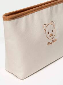 1個卡其色熊熊刺繡嬰兒尿布收納袋,媽媽袋,方便新鮮保溫午餐手提袋,可攜帶尿布、奶瓶等