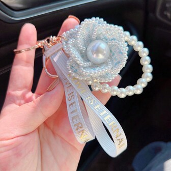 1 Piece Of Pink Three-Dimensional Flower Design Simple And Fashionable Keychain Pearl Chain Car Keychain Pendant Personalized Handbag Pendant Suitable For Girls As Small Gifts Valentines Car Accessories Women Key Chain Charms Crochet