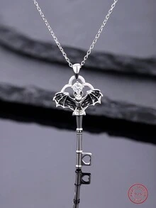 1入時尚精緻高端飾品925銀鍍黑色蝙蝠形鑰匙吊墜項鍊,加有立方氧化鋯裝飾,適合女性日常佩戴和節日禮物