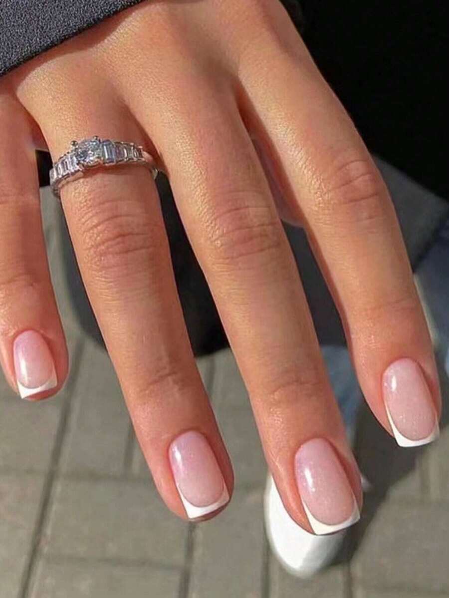 24pcs Short Square With White French Tip Press On Nails Classic And Glitter Top Coat Design For Daily Use False Nails Supplies