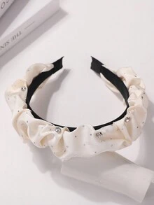 1pc Sweet & Versatile Girls' Headband With Solid Color Fabric, Pleats & Rhinestone Decor - Beige - View 5