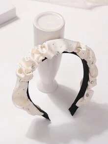 1pc Sweet & Versatile Girls' Headband With Solid Color Fabric, Pleats & Rhinestone Decor - Beige - View 2