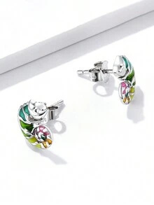 1pair Fashionable Enamel Art Colorful Dragon Design Stud Earrings Suitable For Women's Daily Wear - Silver - View 3