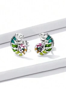 1pair Fashionable Enamel Art Colorful Dragon Design Stud Earrings Suitable For Women's Daily Wear - Silver - View 1