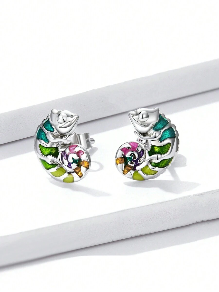 1pair Fashionable Enamel Art Colorful Dragon Design Stud Earrings Suitable For Women's Daily Wear - Silver - View 1